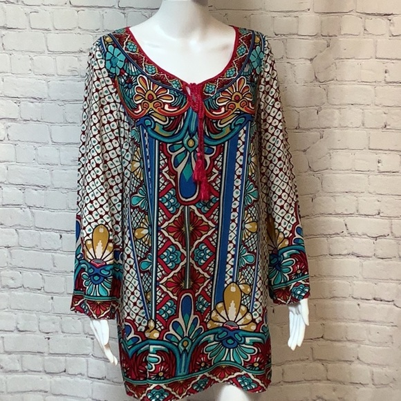 Flying Tomato Tops - Flying Tomato Bohemian Multicolor W/Tassels Long Sleeve Tunic Top Dress Sz S